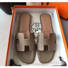 Hermes Oran Flat slippers in epsom leather etain/brown 