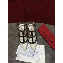 VALENTINO ROCKSTUD ANKLE STRAP SHEEPSKIN PUMP 9.5CM White black
