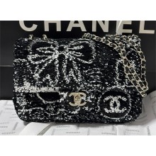 Chanel Sequins & Gold-Tone Metal Evening Bag with Bow AS4561 Black & White 2024