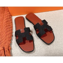 Hermes Oran flat Sandals in BLACK DENIM 2025