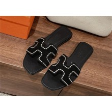 hermes suede goatskin crystal oran sandals black 2025