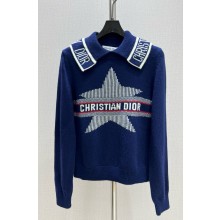 DiorAlps Mock Neck Sweater blue Virgin Wool and Cashmere Knit with White Dior Star Motif 1101-2024 
