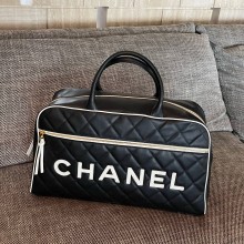 Chanel Logo Letters Vintage Quilted Duffel Bag Travel Tote black
