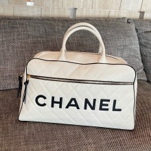Chanel Logo Letters Vintage Quilted Duffel Bag Travel Tote white