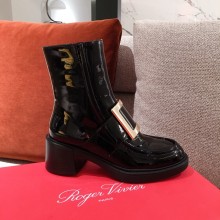 roger vivier Viv' Rangers Metal Buckle Ankle Boots in Patent Leather black