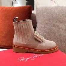 roger vivier Viv' Rangers Strass Buckle Chelsea Booties in Suede apricot