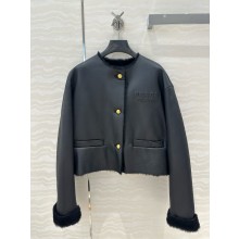 PRADA black leather jacket with fur 2024