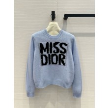 DIOR pale blue Cashmere and Silk Knit with Black Miss Dior Graffiti Motif sweater 2024