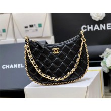 Chanel Shiny Crumpled Lambskin & Gold-Tone Metal Hobo Handbag AS4378 Black 2023(original quality)