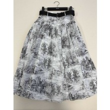 DIOR White Cotton Muslin with Black Toile de Jouy Scotland Motif Mid-Length Belted Skirt 2025