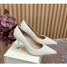 Jimmy Choo heel 8.5cm Cream Faux Pearl and Satin D'orsay Pumps 1102-2024 
