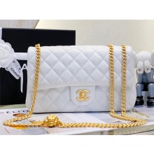CHANEL SHEEPSKIN MEDIUM CLASSIC FLAP BAG WITH A CAMELLIA AS4046 WHITE 2023