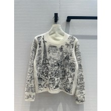 DIOR White and Black Cashmere Knit with Paris Allover Motif Embroidered Sweater 2024