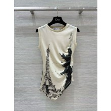 DIOR Black and White Cotton Jersey with Paris Motif Asymmetric Tank Top 2024