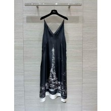DIOR Black and White Silk Twill with Paris Motif A-Line Mid-Length Dress 2024