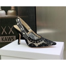 Dior Heel 9.5cm Black Transparent Mesh Embroidered with Dior Roses Motif J'Adior Slingback Pump 2023