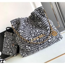 Chanel 22 Camellia Cashmere Jacquard Shopping Bag AS3261 Black/White 2023 