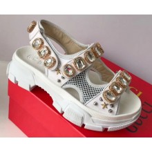Gucci Leather And Mesh Sandals With Crystals 557471 White 2019