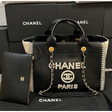 chanel calfskin knit medium deauville tote black/beige 2025
