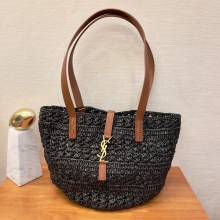 saint laurent panier small bag in crochet raffia and smooth leather black 2023