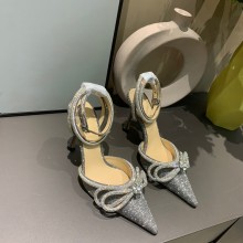 Mach & Mach 9cm heel Double Bow Crystal-Embellished Glittered Pumps gray