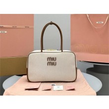 Miu Miu leather-trim canvas tote bag 5BB117 brown 2024