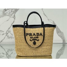 PRADA MEDIUM crochet and leather tote bag 1BG499 Tan/Black 2024