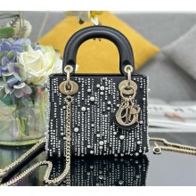 Mini Lady Dior Bag in Black Satin Embroidered with White Resin Pearls 2024