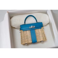 Hermes Mini Kelly Picnic Bag in Rattan blue(original quality+handmade)