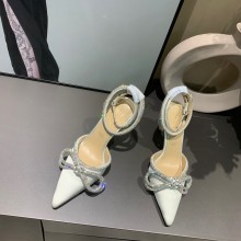 Mach & Mach 9CM HEEL Double Bow Crystal-Embellished Satin Pumps WHITE