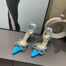 Mach & Mach 9CM HEEL Double Bow Crystal-Embellished Satin Pumps BLUE