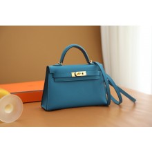 Hermes Mini Kelly II Handbag in original epsom leather bleu izmir with gold hardware(handmade)