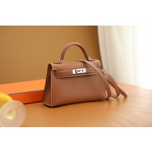 Hermes Mini Kelly II Handbag in original swift leather gold brown with silver hardware(handmade)