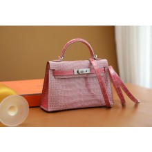 Hermes Mini Kelly II Handbag in alligator leather pink with crystals hardware(handmade)