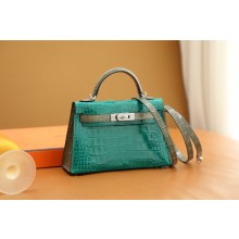 Hermes Mini Kelly II Handbag in alligator leather vert emeraude/gris tour terelle with crystals hardware(handmade)