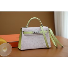 Hermes Mini Kelly II Handbag in alligator leather mauve pale/jaune bourgeon with crystals hardware(handmade)