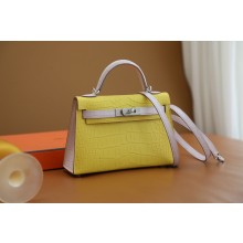 Hermes Mini Kelly II Handbag in alligator leather mimosa/mauve pale with crystals hardware(handmade)