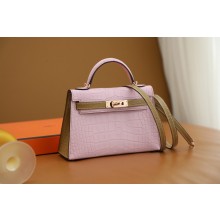 Hermes Mini Kelly II Handbag in alligator leather pink/kraft with crystals hardware(handmade)
