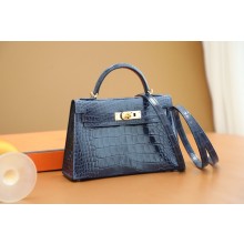 Hermes Mini Kelly II Handbag in alligator leather bleu sapphire with crystals hardware(handmade)