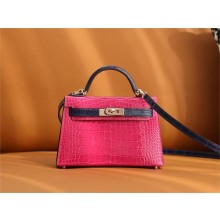 Hermes Mini Kelly II Handbag in alligator leather rose scheherazade/bleu encre with gold hardware(handmade)