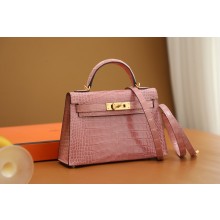 Hermes Mini Kelly II Handbag in alligator leather pink with gold hardware(handmade)