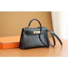Hermes Mini Kelly II Handbag in alligator leather noir with gold hardware(handmade)
