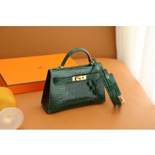 Hermes Mini Kelly II Handbag in alligator leather vert rousseau with gold hardware(handmade)