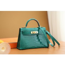 Hermes Mini Kelly II Handbag in alligator leather vert emeraude with gold hardware(handmade)