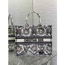 Dior Medium Book Tote Bag in White and Navy Blue Toile de Jouy Soleil Embroidery 2024