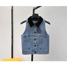 LOUIS VUITTON Sleeveless Velvet Accent Denim Jacket 2024
