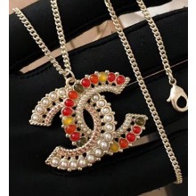 Chanel Beads and Pearl CC Pendant Necklace White/Red/Yellow 2018
