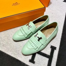 Hermes Leather royal Loafers with fringe mint green