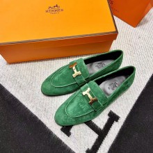 Hermes suede Leather royal Loafers green