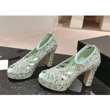 CHANEL HEEL 11CM Strass & Suede Kidskin sandals G45455 SILVER/GREEN 2024